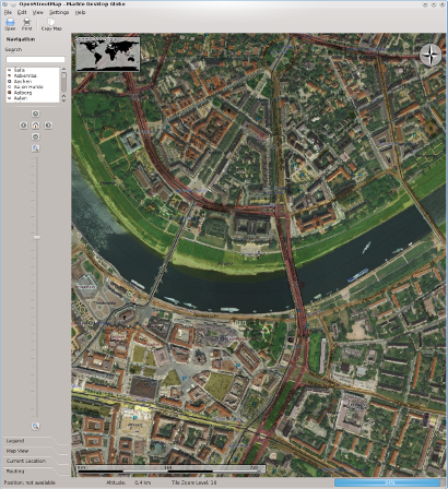 The City of Dresden
shown in Marble with multiple layers: Satellite images provided via WMS displayed on top
of OpenStreetMap data via Multiply Blending.